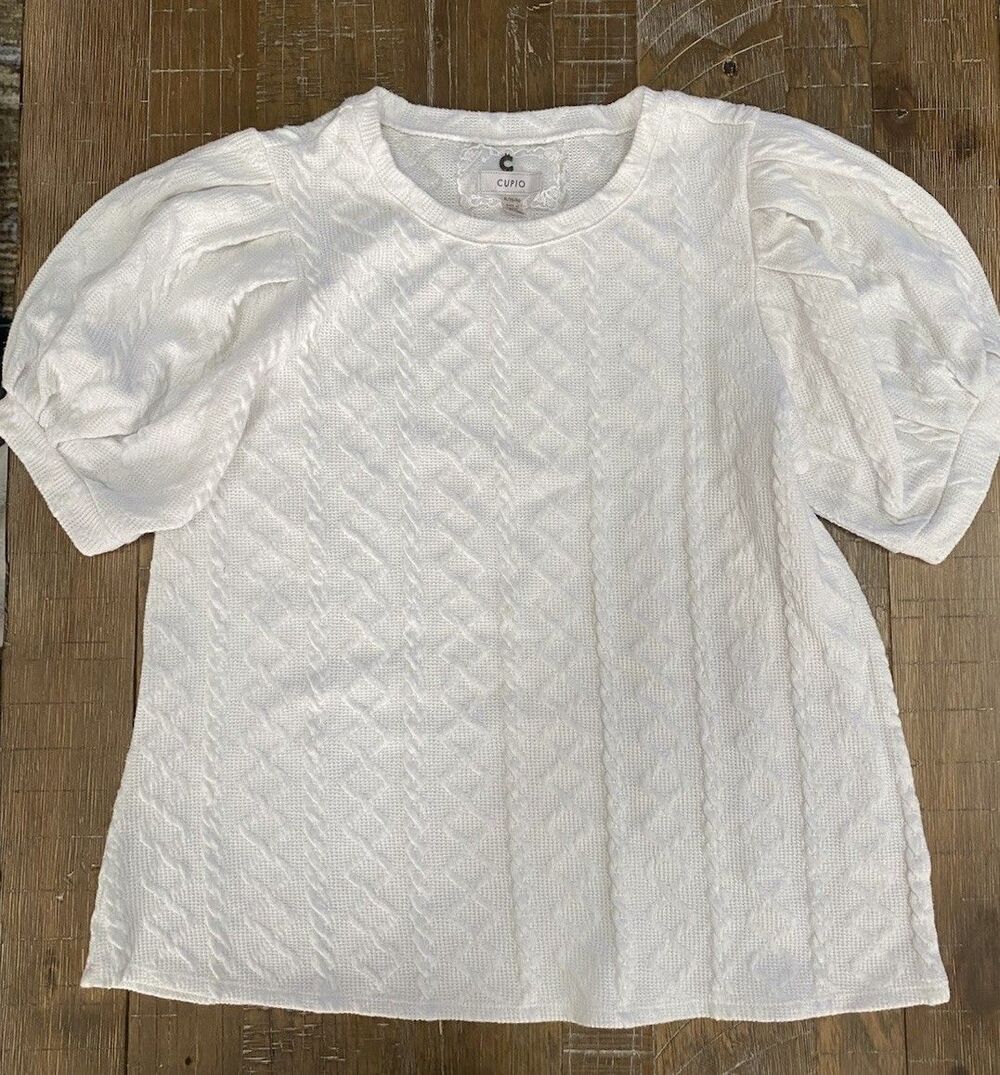 CUPIO White Textured Cable Knit Puff Sleeve Sweater Top XL Boho Romantic